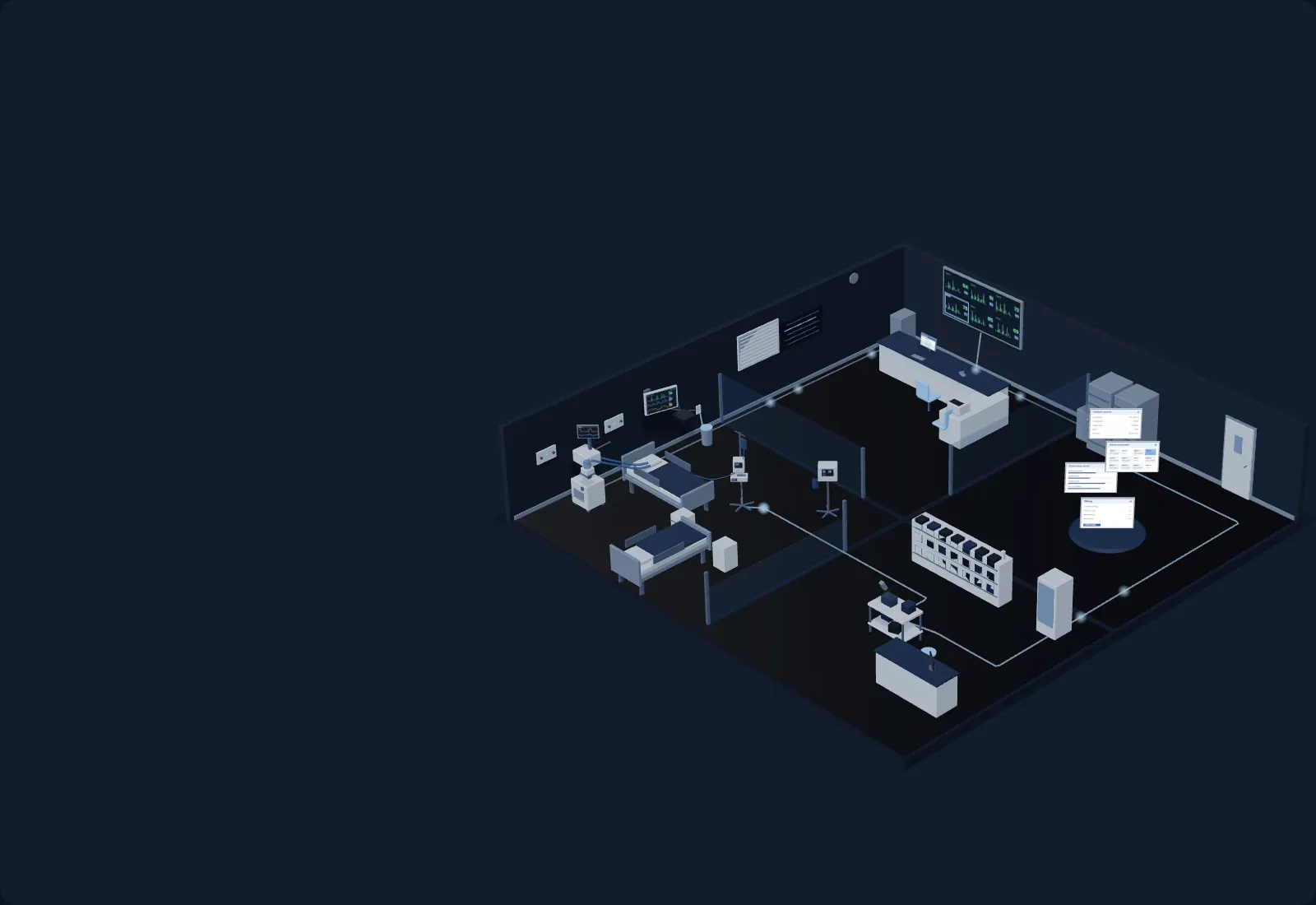 An intensive care unit: a bed with a ventilator on its medical air compressor, a monitor, infusion and syringe pumps and a high-flow unit, connected to the nurses’ central monitoring station, the hospital information system and the pharmacy.